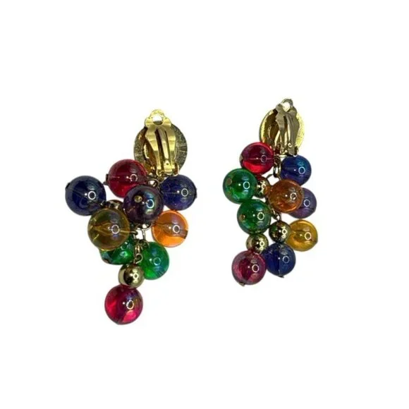 Colorful Whimsical BOHO Beaded Bohemian Iridescent Retro Clip On Earrings - Picture 4 of 5